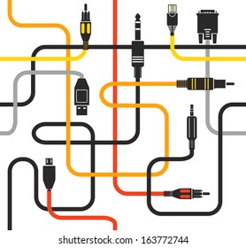 Different modern connection plugs and wires. Seamless background