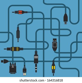 Verschiedene moderne Verbindungsstecker und -drähte. Nahtloser Hintergrund