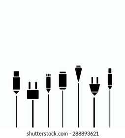 Diferentes enchufes y cables modernos de conexión en blanco