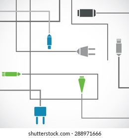 Different modern connection plugs and wires on the white