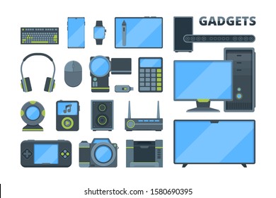 Different modern electronic devices flat illustrations set. Tv, computer, digital tablet. Wireless mouse and keyboard, webcam. Video camera and photocamera. Smart gadgets isolated on white background