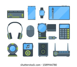 Different modern electronic gadgets flat illustrations set. Computer mouse and keyboard, webcam, headphones. Video camera, flash drive, mp3 player. Technology elements isolated on white background