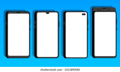 Different modern frameless smartphone  with different camera positions; New Cellphones with front view 3d flat ; Mobile phones with big white screen vector illustration 