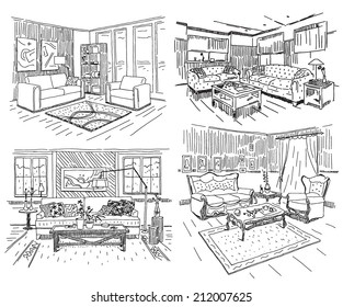 Different modern house interiors vector drawings set on white background