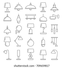 Different modern lamps. Vector illustrations in linear style. Home or office lamp furniture line
