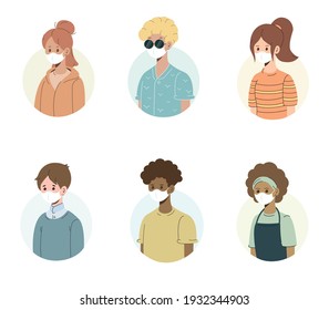 Different modern people in medical face masks portraits set isolated on white background. Young men and women faces avatars. Vector flat characters  illustration.