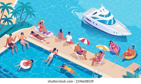 Different modern people relax in a tropical resort with a sea pier, a sandy beach, a swimming pool, a boat, palm trees, umbrellas and sunbeds. Colorful summer vacation,  isometric illustration