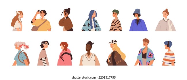 Diferentes ambientes modernos. Personajes femeninos y masculinos de moda, ciudadanos casuales en movimiento. Moderno y diverso hombre y mujer de varias edades, raza. Ilustración vectorial plana aislada en fondo blanco