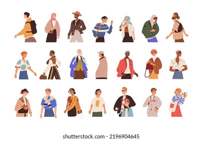 Different modern people set. Happy casual men, women going for diverse businesses. Smiling trendy citizens characters in action, motion. Flat vector illustrations isolated on white background