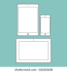 Different modern personal gadgets on green background. Flat design. Illustration Similar To iPhone iPad.