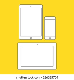 Different modern personal gadgets on yellow background. Flat design. Illustration Similar To iPhone iPad.