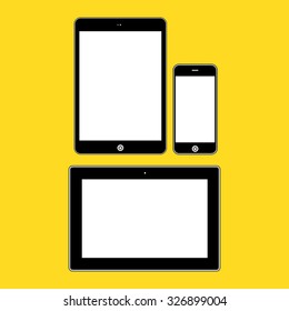 Different modern personal gadgets on yellow background. Flat design.  Illustration Similar To iPhone iPad.