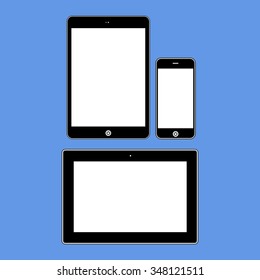 Different modern personal gadgets on blue background. Flat design.  Illustration Similar To iPhone iPad.