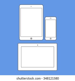 Different modern personal gadgets on blue background. Flat design.  Illustration Similar To iPhone iPad.