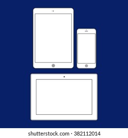 Different modern personal gadgets on blue background. Flat design.  Illustration Similar To iPhone, iPad.