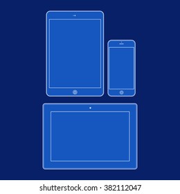 Different modern personal gadgets on blue background. Flat design.  Illustration Similar To iPhone, iPad.