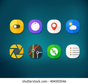 Different modern smartphone application icons set on blur background. Vector flat 
design elements