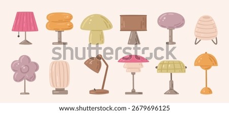 Different modern table lamps. Hand-drawn illustrations of cozy home lightning. Vector set of fashion Design interior elements.