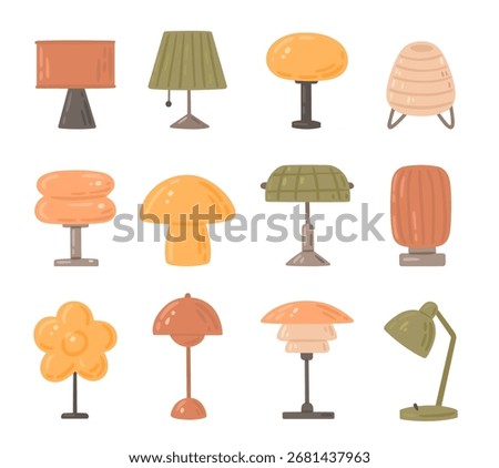 Different modern table lamps. Hand-drawn illustrations of cozy home lightning. Vector set of fashion Design interior elements.