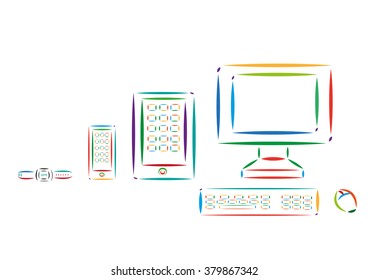  Different Modern Tech Devices Colorful Line Art. Editable Clip Art.