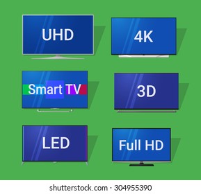 Different modern TV icons set in detailed flat style. Ultra HD and Full HD formats. Smart, 3D and LED TV.