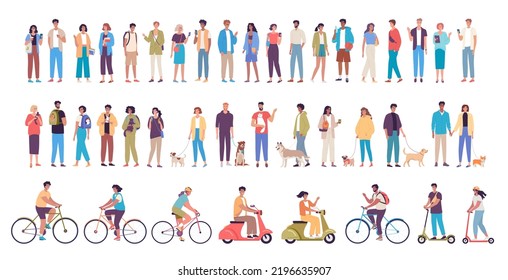 Different modern young people stand together, talk, walk with pets, ride bikes and scooters. People characters design vector big set illustration