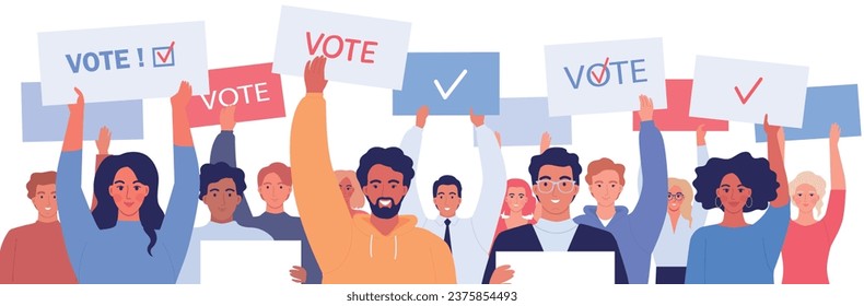 Different modern young people stand with poster call to vote on election day
