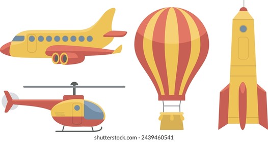 Diferentes modos de transporte aéreo. Avión, globo aerostático, nave espacial, helicóptero. Conjunto de vectores planos