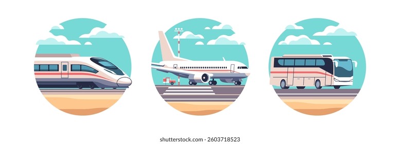 Different modes of transportation. High-speed train, airplane, and city bus are illustrated against a bright, clear sky. Vector illustration in a minimalistic style.