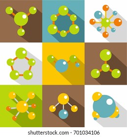 Different molecule icons set. Flat set of 9 different molecule vector icons for web with long shadow