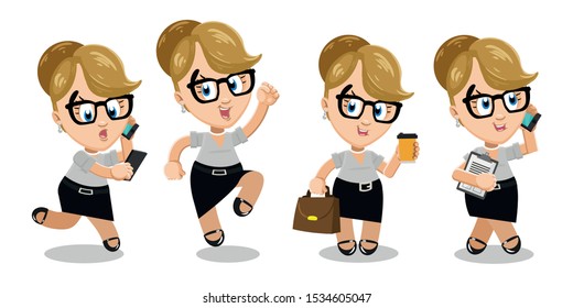 Different moments of blond secretary`s average day. Young woman in glasses, speaking by smartphone, running, keeping tablet, cup of coffee, handbag, jumping for joy, going. Vector set on white.