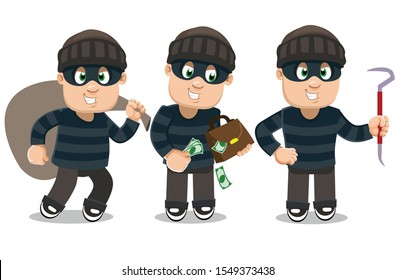 Different moments of robber`s in black eye mask average day. Burglar, thief going with bagful, stealing money from briefcase, standing and keeping lock picker. Cartoon vector set on white.