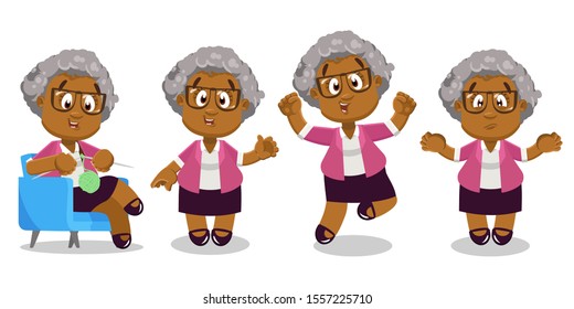 Different moments of typical day of afro-american aged lady. Silver haired elderly woman sitting in armchair and knitting, jumping for joy, making helpless gesture, waving hand. Vector cartoon set.