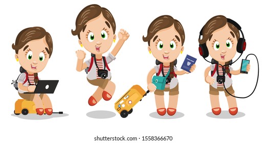 Different moments of typical day of brown haired girl, tourist. Young woman, traveller keeping suitcase and passport, jumping for joy, listening to music through headphones, looking to laptop. Set.