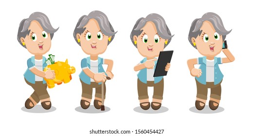 Different moments of typical day of elegant elderly lady. Silver haired aged woman carrying piggy bank, standing with walking stick, using tablet, speaking by phone. Vector cartoon set on white.