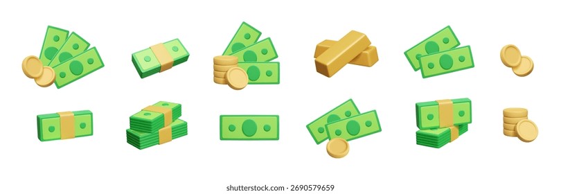 Diferentes billetes de dinero Paquete 3D render. Fan verde del dólar del efectivo, pila del dinero de la divisa de los billetes de papel, tesorería de la barra de oro y el icono del Vector de la pila de las monedas del metal 3D aislado en el fondo blanco.