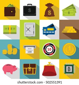 Different money icons set. Flat illustration of 16 different money vector icons for web