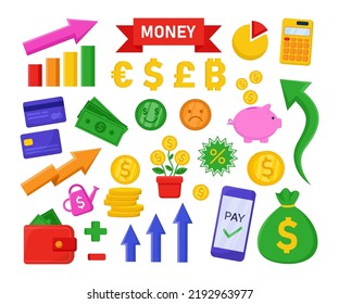 Different money stickers flat vector illustrations set. Credit cards, banknotes, coins, piggybank, bag with currency symbol, wallet isolated on white background. Finances, success, profit concept