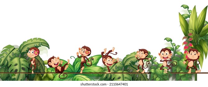 Different monkey cartoon characters on the rope with tropical leaf illustration