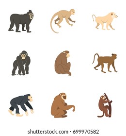 Different monkey icon set. Flat set of 9 different monkey vector icons for web isolated on white background