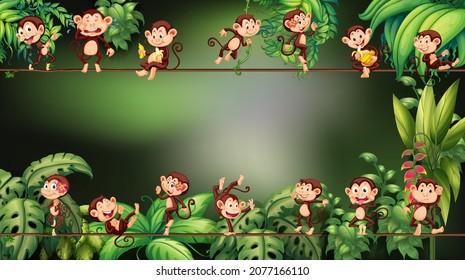 Different monkey on the rope with tropical leaf background illustration