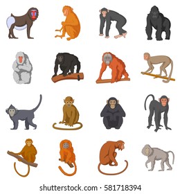 Different monkeys icons set. Cartoon illustration of 16 different monkeys vector icons for web