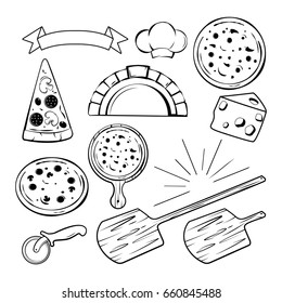 Different monochrome elements for pizza banners, labels or logos design. Vector illustration. Pizza italian and accessories for pizza making
