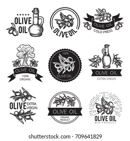 Different monochrome labels of olive products and ingredients. Vector pictures for package design with place for your text. Olive oil sticker and label illustration
