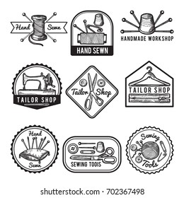 Different monochrome labels for sewing or tailor workshop. Sewing and handmade, workshop badge. Vector illustration