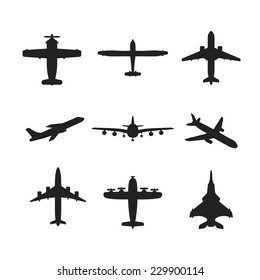 Different monochrome vector airplanes icon set