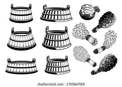 Different monochrome wooden tubs and besoms on white. Set of elements for saune or bathhouse on white