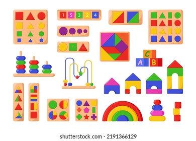 Different Montessori toys for infants vector illustrations set. Geometric toys from wood for babies in kindergarten, puzzles and block sorters on white background. Education, childhood concept