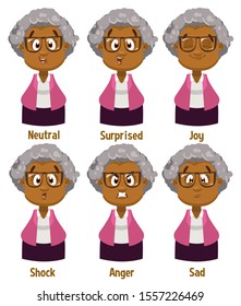 Different mood of afro-american aged woman, curly lady: neutral, surprised, joy, shock, anger, sad. Set of female emotions, emoji for animation. Cartoon illustration isolated on white background.