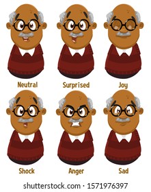 Different mood of bald mustached afro-american senior man in glasses: neutral, surprised, joy, shock, anger, sad. Set of male emotions, emoji for animation. Cartoon illustration isolated on white.